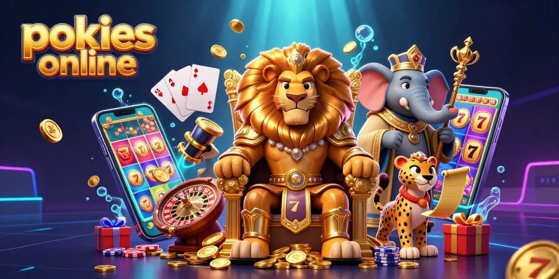 Experience pokies online with a vibrant 3D rendition featuring a lion king, elephant, and cheetah amidst lively game elements.