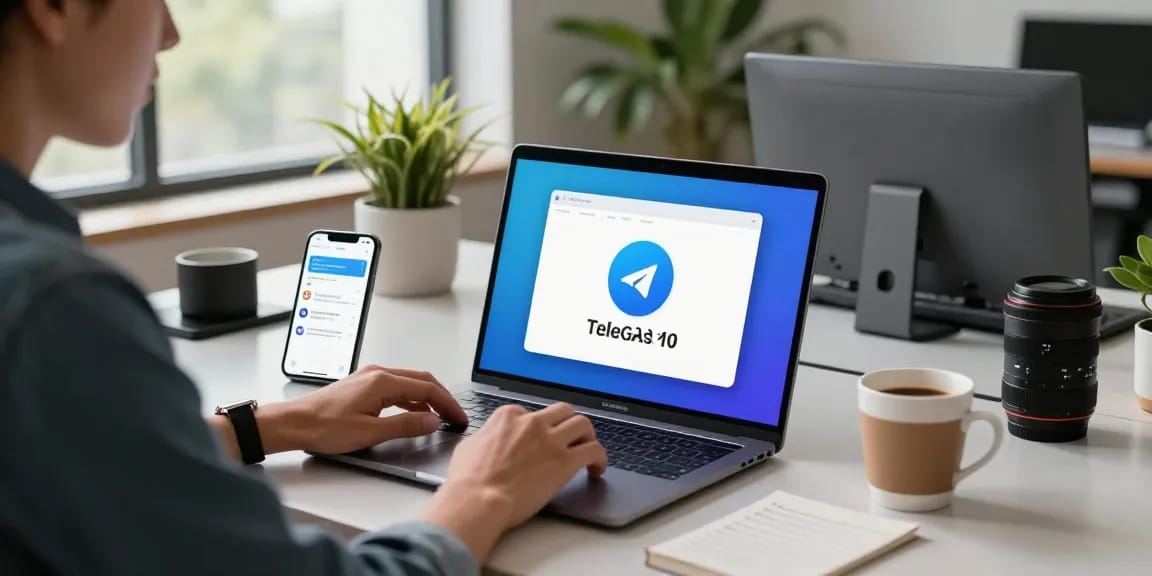 Download Telegram and enhance your communication experience in a modern workspace setting with tech gadgets and vibrant decor.