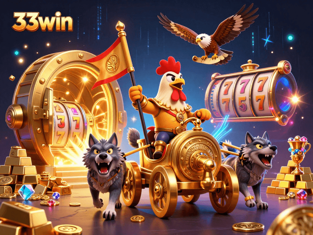 33win casino excitement featuring a rooster warlord in a golden chariot among treasures.