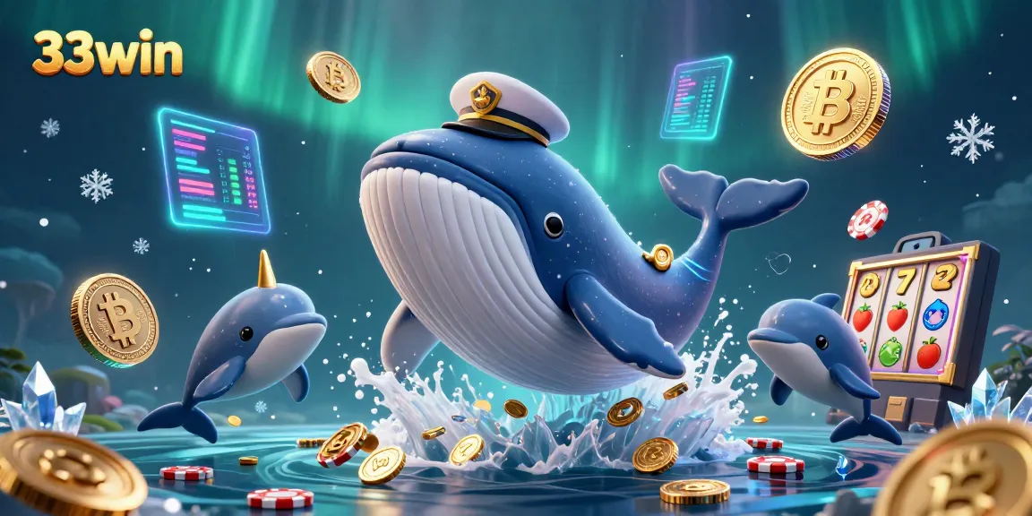 Engage with 33win's vibrant underwater 3D scene, showcasing a whale, narwhal, and dolphins amidst slot and crypto elements.