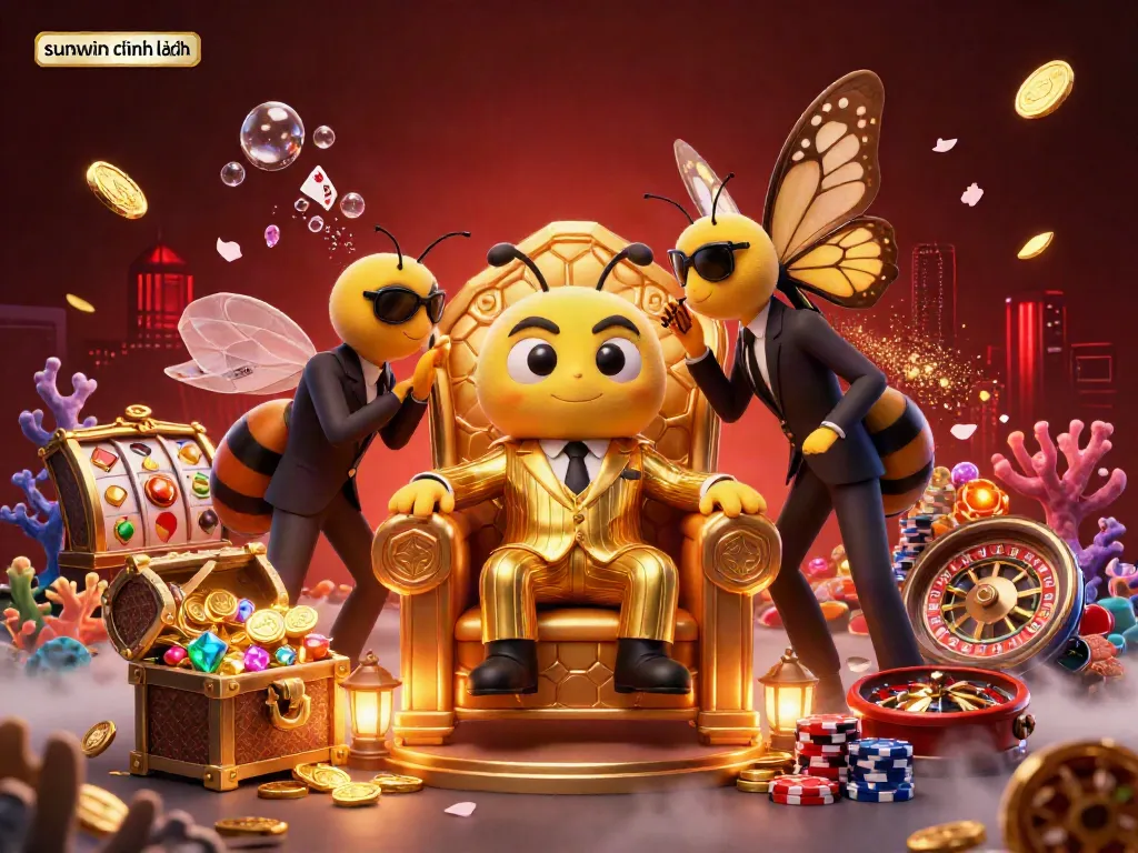 Experience the excitement of sunwin chính hãng with a vibrant 3D casino scene showing a mob boss and treasure.