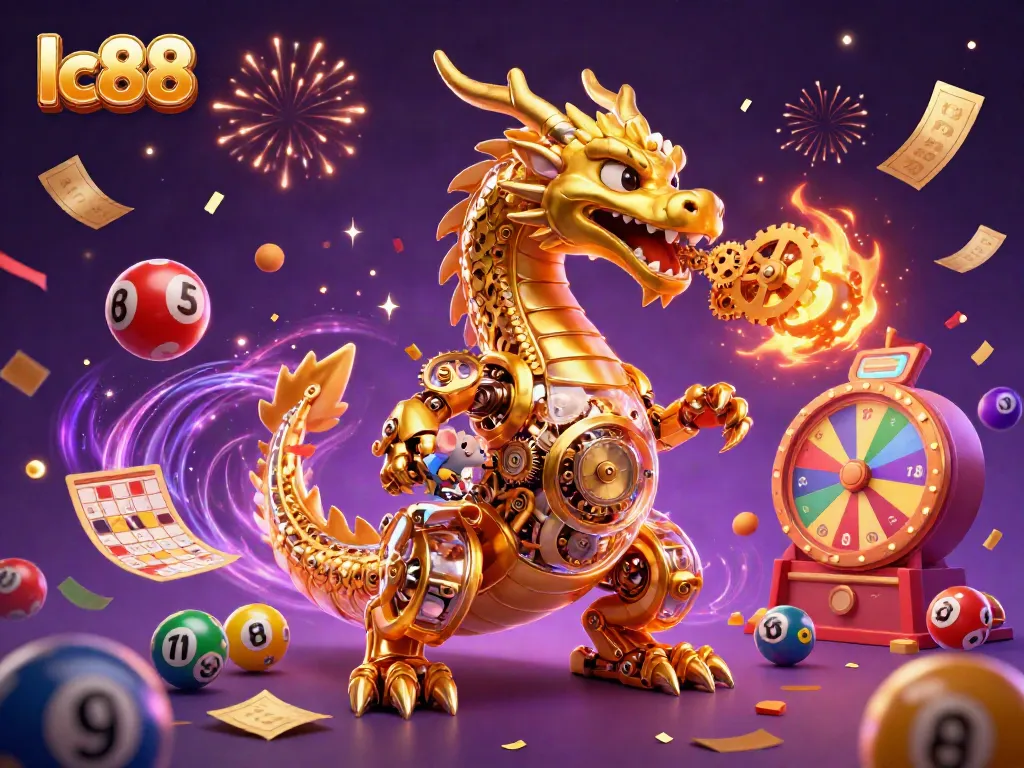 Engage with the lc88 game experience featuring a golden dragon, vibrant lottery elements, and money rain.