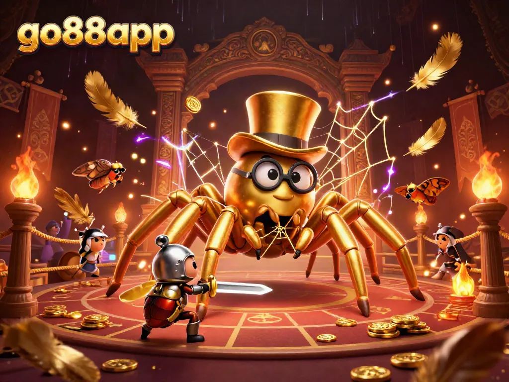 Engage in thrilling gameplay with go88app, featuring a giant tarantula and a beetle knight in a vibrant casino scene.