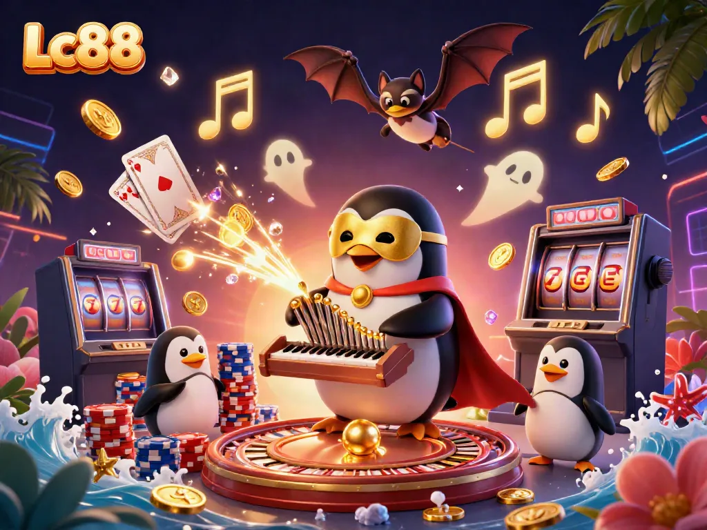 Experience Lc88 excitement with a 3D penguin organist pouring coins and casino vibes.