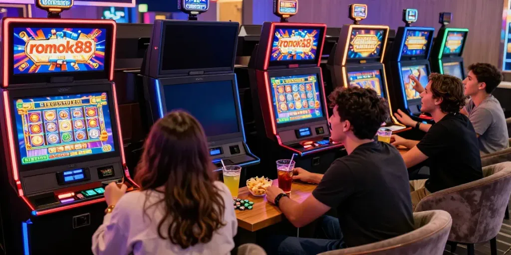 Friends enjoying the excitement of the rokok88 slot game in a vibrant gaming lounge.