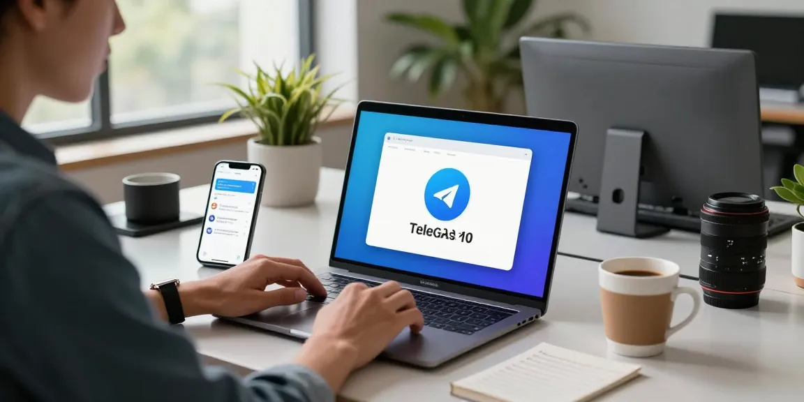 Download Telegram and enhance your communication experience in a modern workspace setting with tech gadgets and vibrant decor.