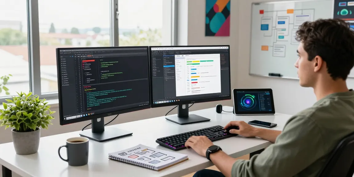 Software developer in a modern workspace showcasing WPS Official Website context with coding and productivity tools.